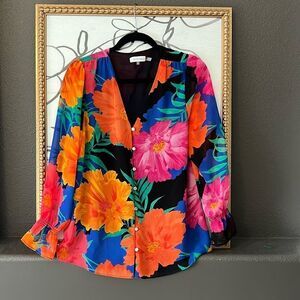 Calvin Klein Colorful Floral Button Down Blouse Size Medium Bright Multi-Color